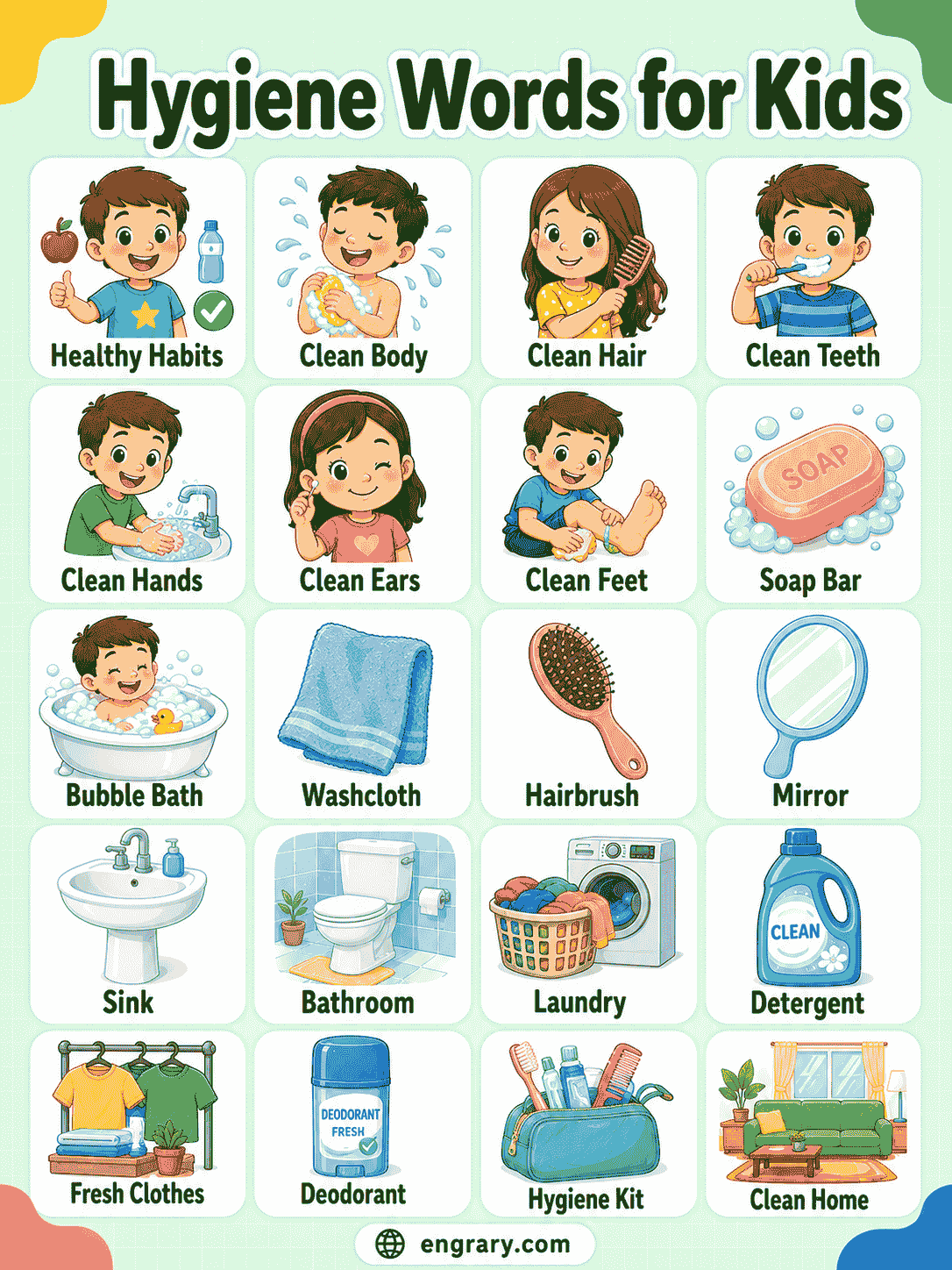 Daily Hygiene Vocabulary for Kids with Simple Meanings