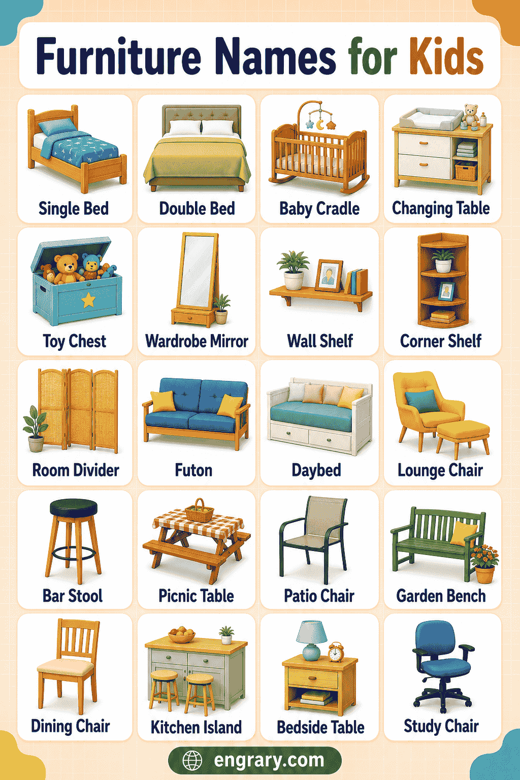 Furniture Vocabulary for Kids with Meanings and Examples
