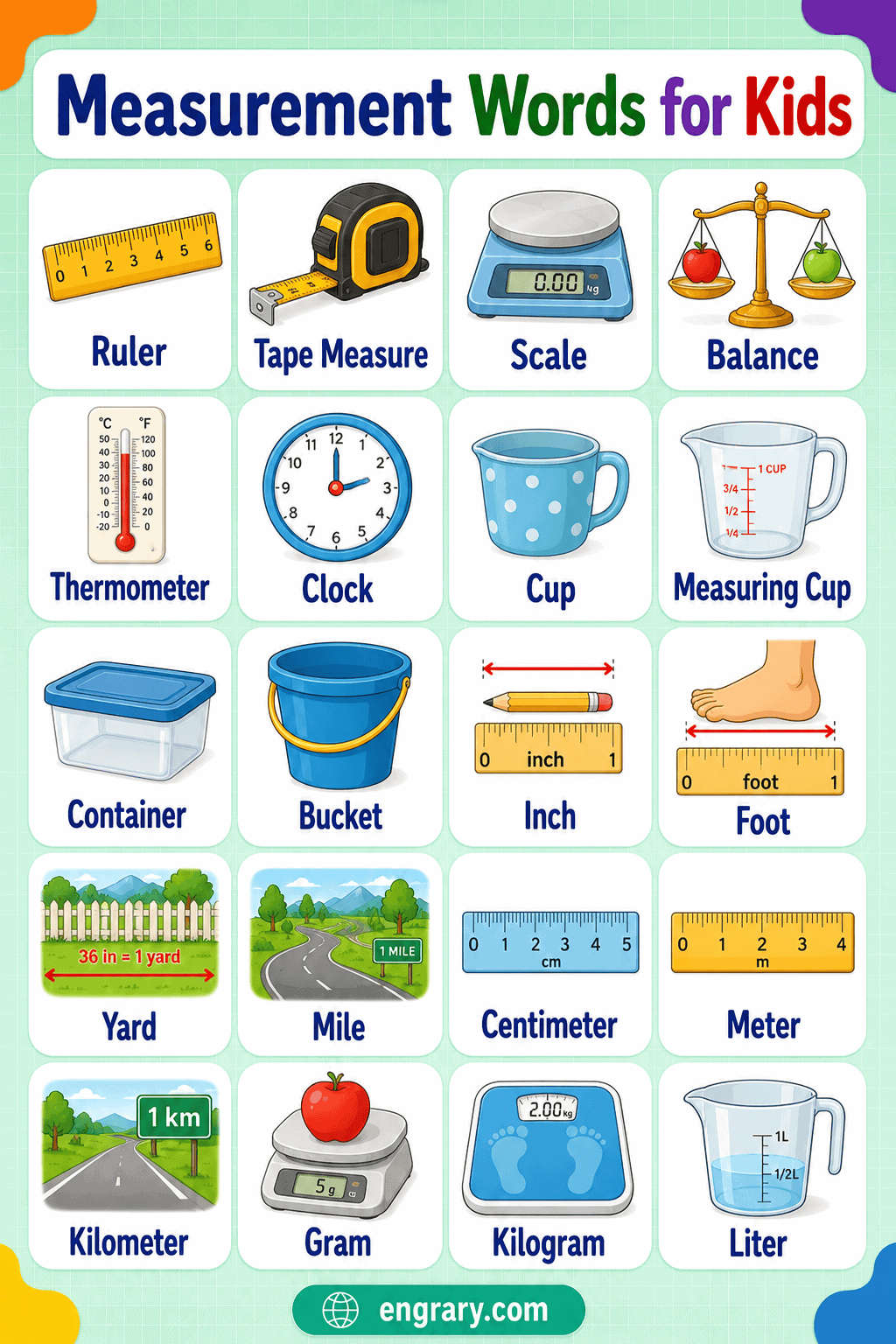 Kids’ Measurement Words for Length, Capacity and Time