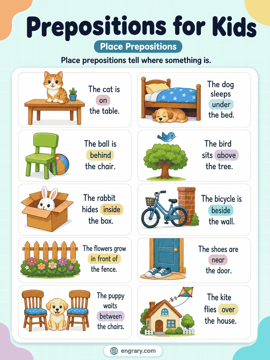 Prepositions for Kids with Rules, Examples, and Answers