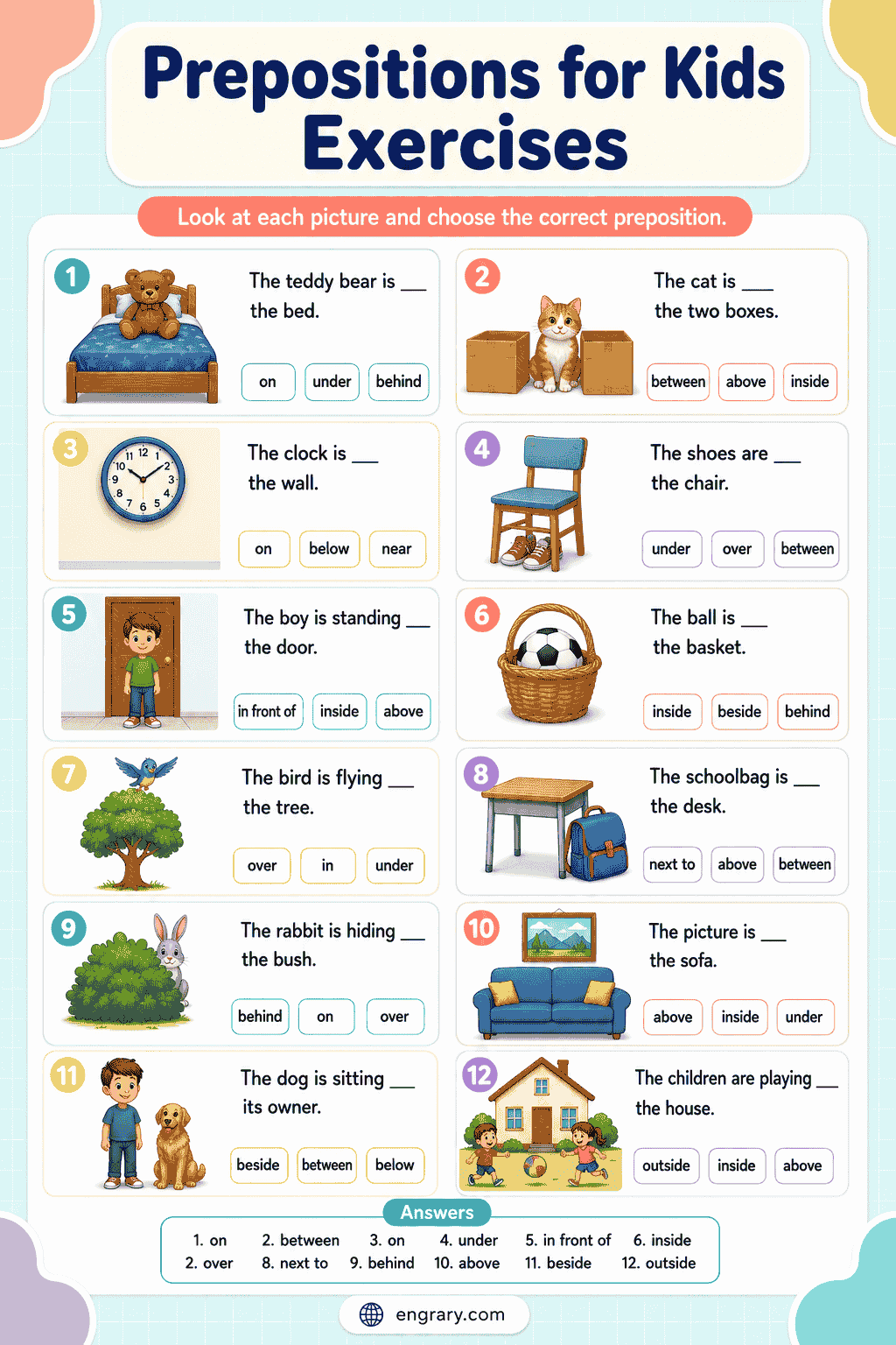 Prepositions for kids Worksheet with Answers