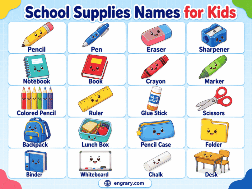 School Supplies Names for Kids: Easy Lists with Pictures