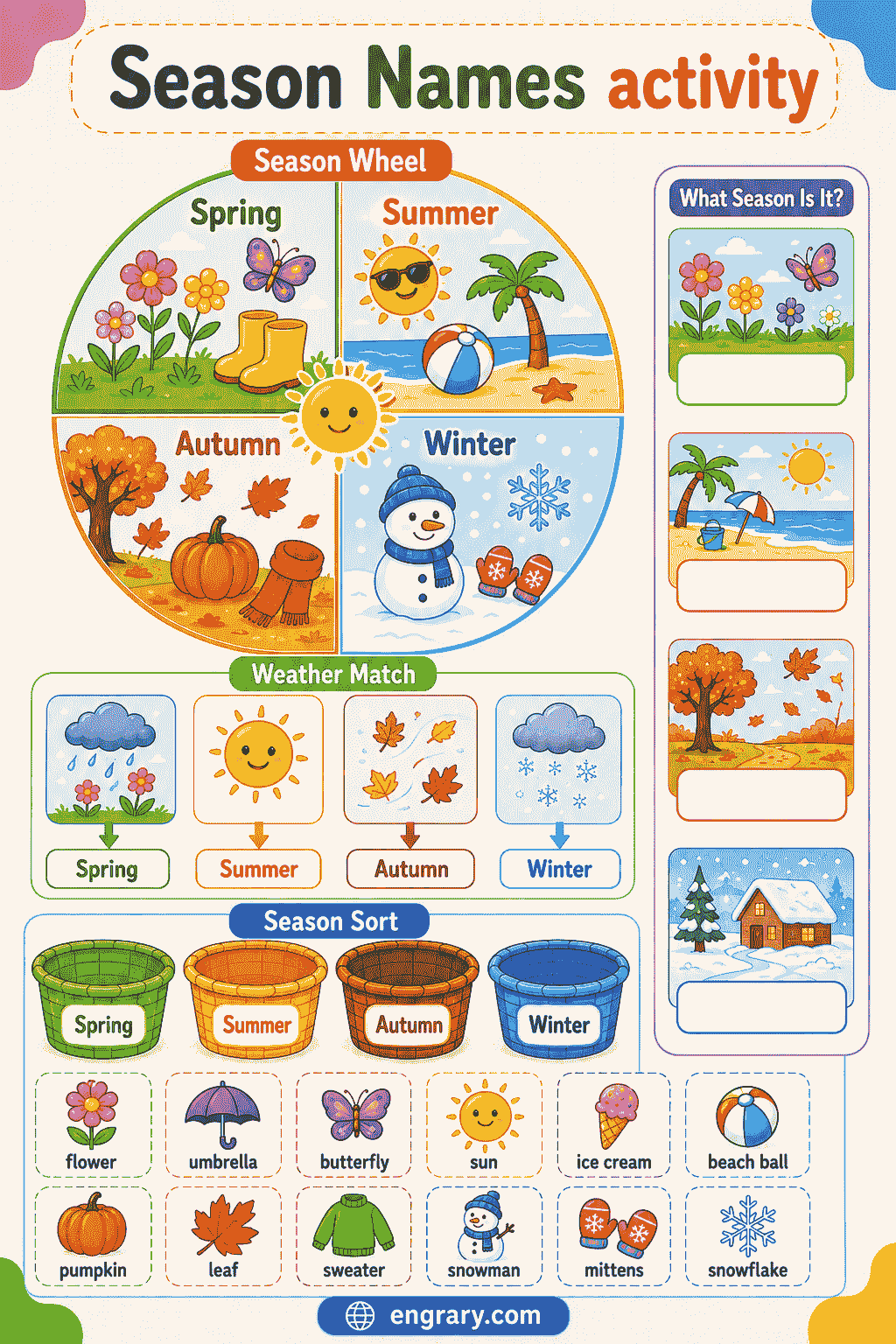Seasons Names for Kids with Worksheet Practice