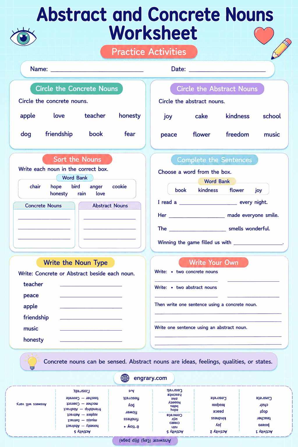Concrete and Abstract Nouns Worksheet Guide for Kids
