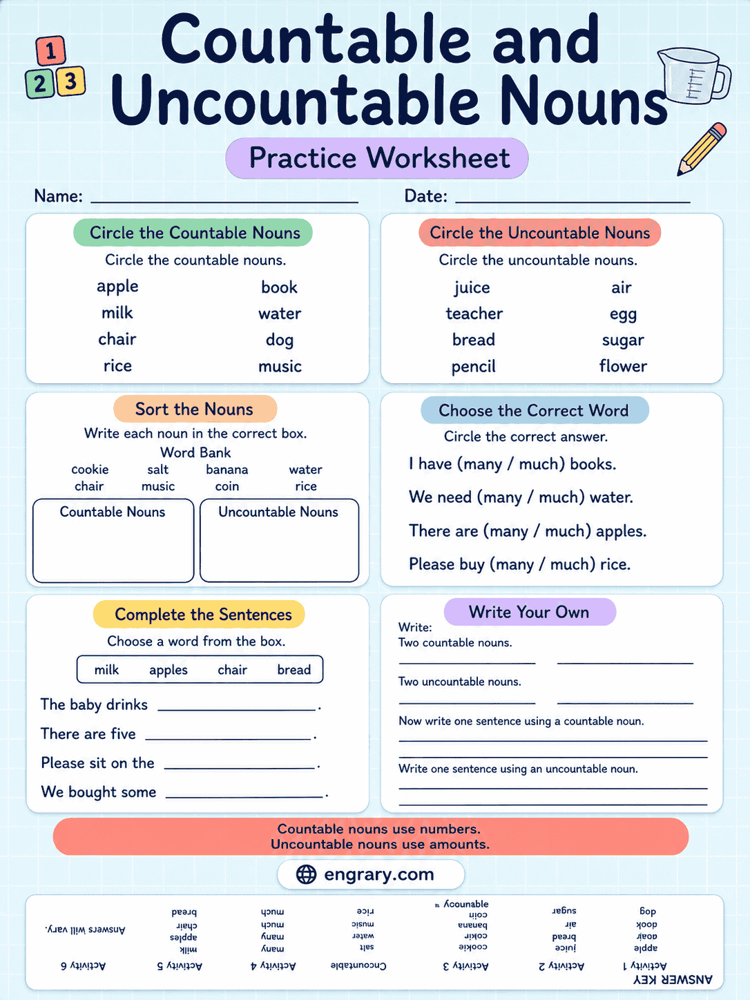 Countable and Uncountable Nouns Worksheet with Answers for Kids