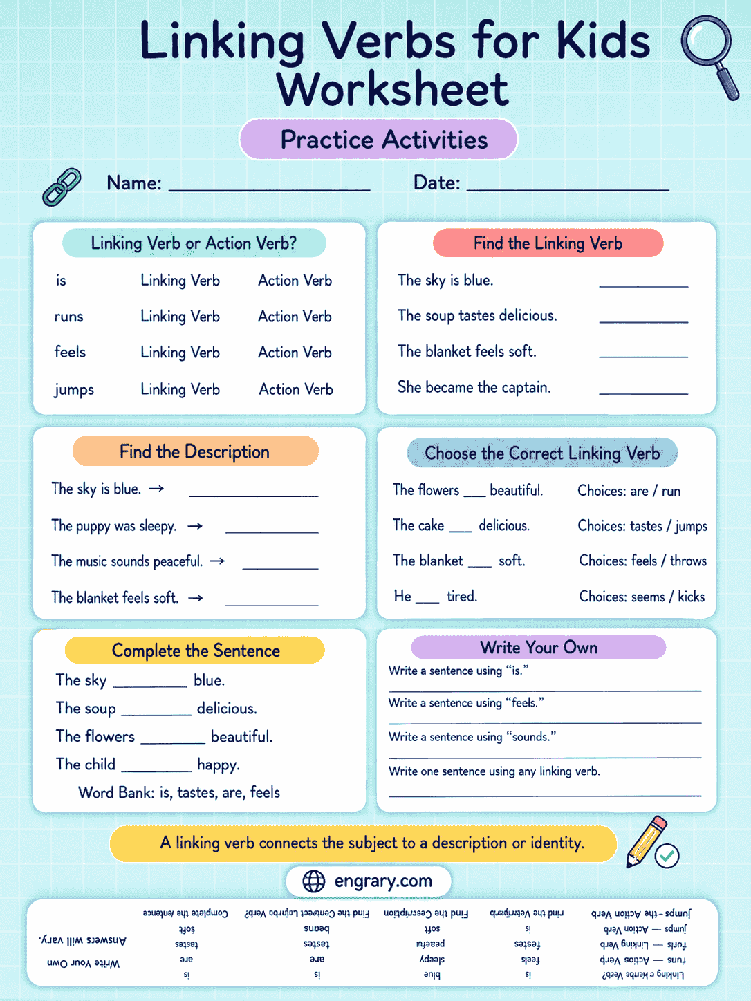 Linking Verbs for Kids With Exercises and Answers
