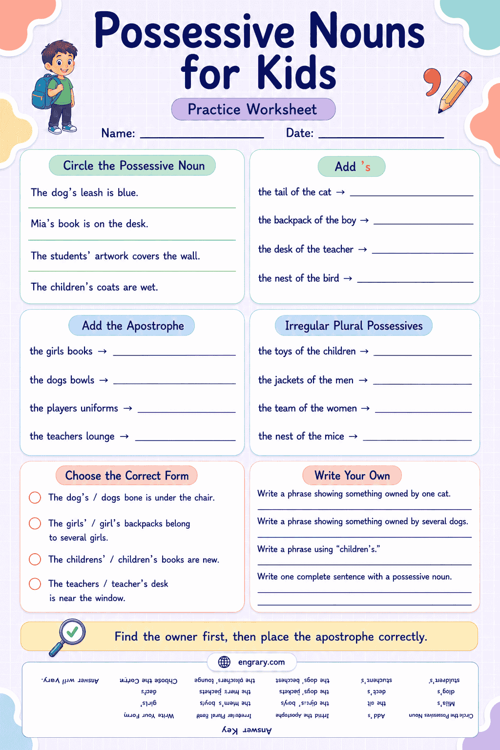 Possessive Nouns Worksheet Guide with Answers for Kids