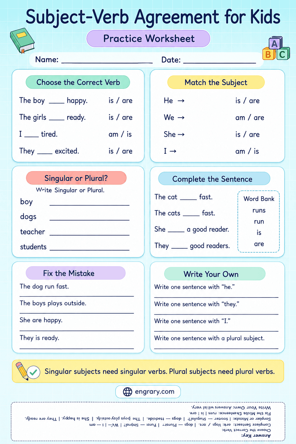 Subject-Verb Agreement Practice for Kids With Answers