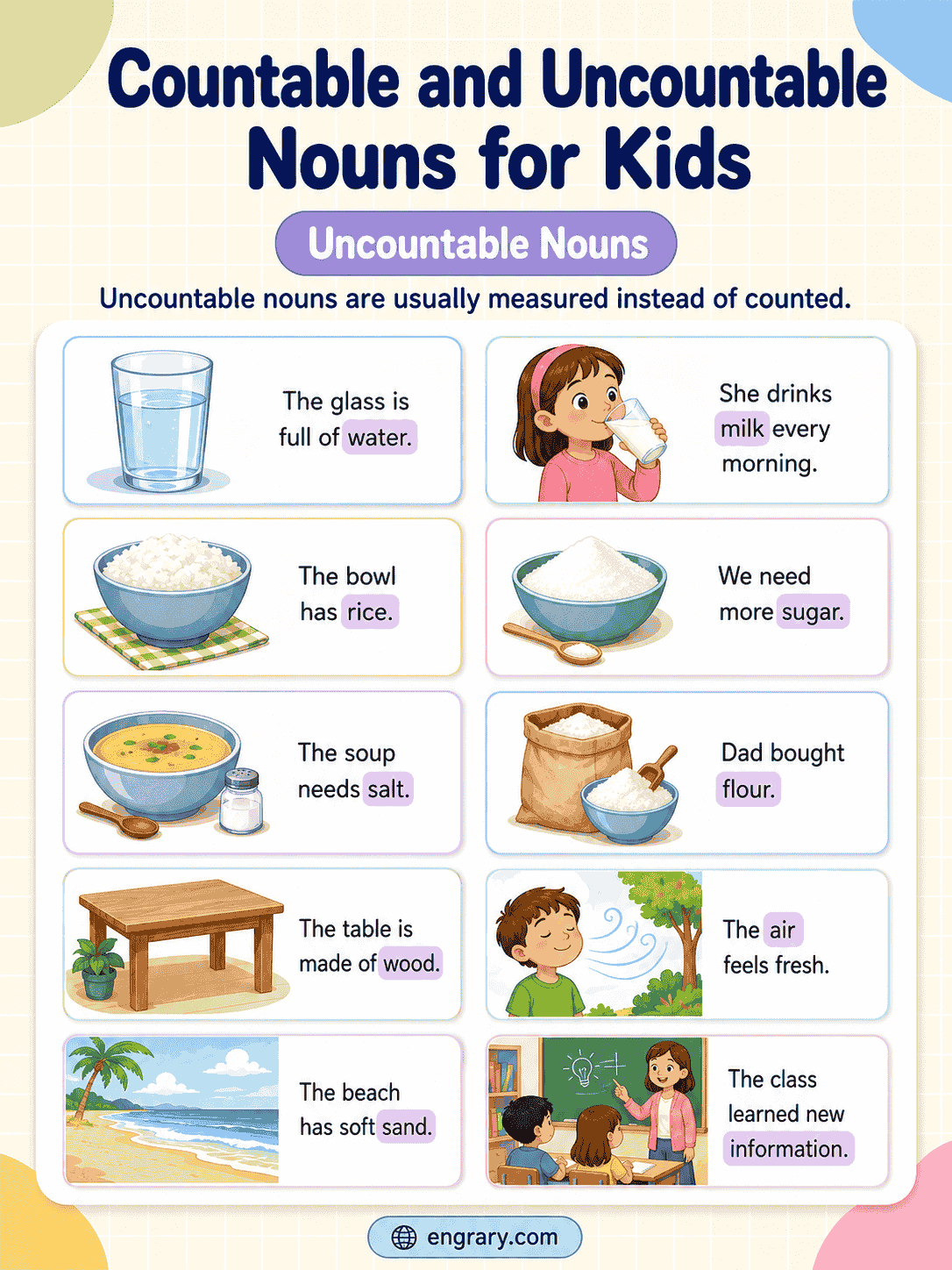 Uncountable Nouns for Kids in English with Examples