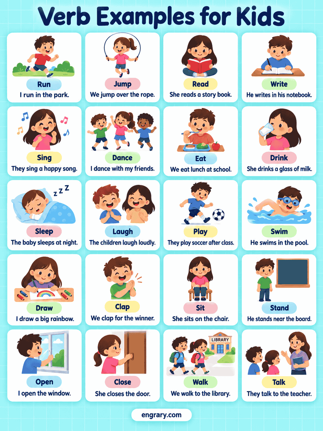 Verb Examples for Kids With Meaning and Sentences