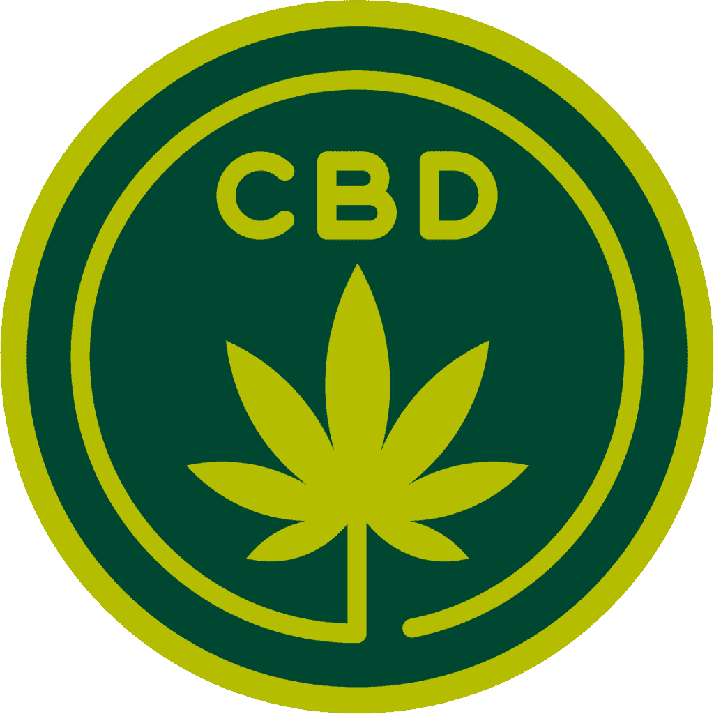 CBD icon featuring green cannabis leaf inside circular badge
