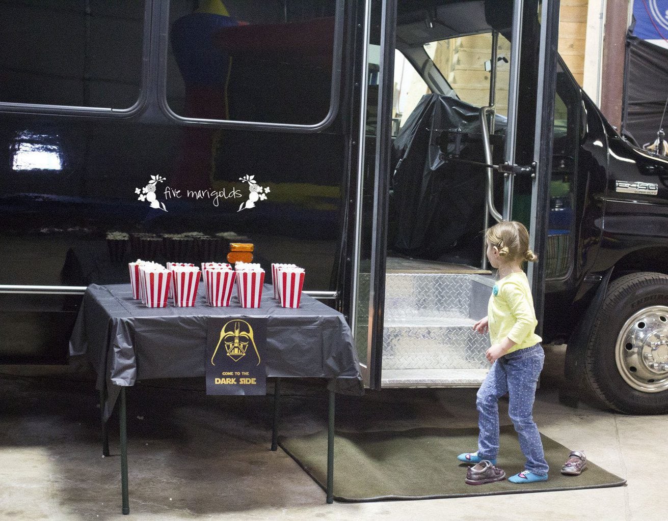 Star Wars Birthday Party Dark Side Movie Theater Party Bus | www.fivemarigolds.com