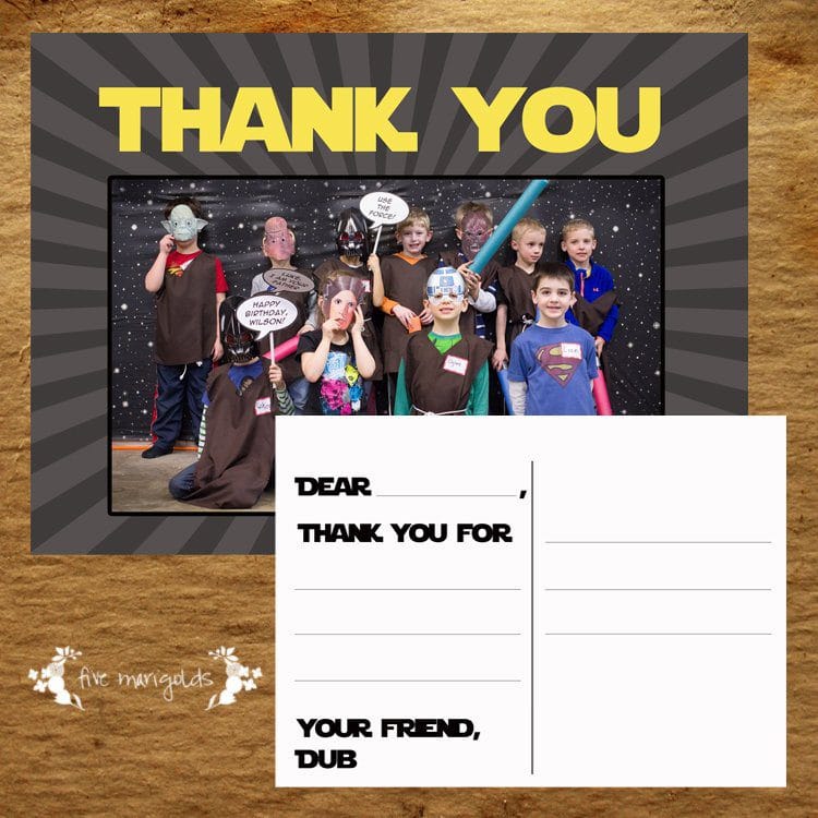 Custom Star Wars Birthday Party Custom Thank You Postcard | www.fivemarigolds.com