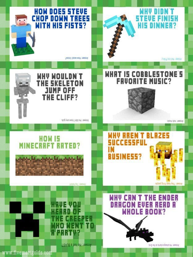 Minecraft Jokes Free Lunchbox Printables | Five Marigolds