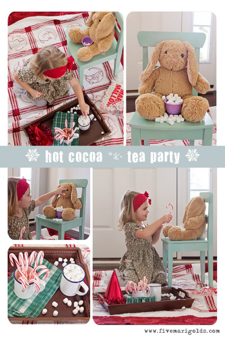 Host a winter hot cocoa "tea party" for kids, Christmas Style. Just grab an old comfortable quilt, marshmallows, candy canes , and a few fuzzy friends.