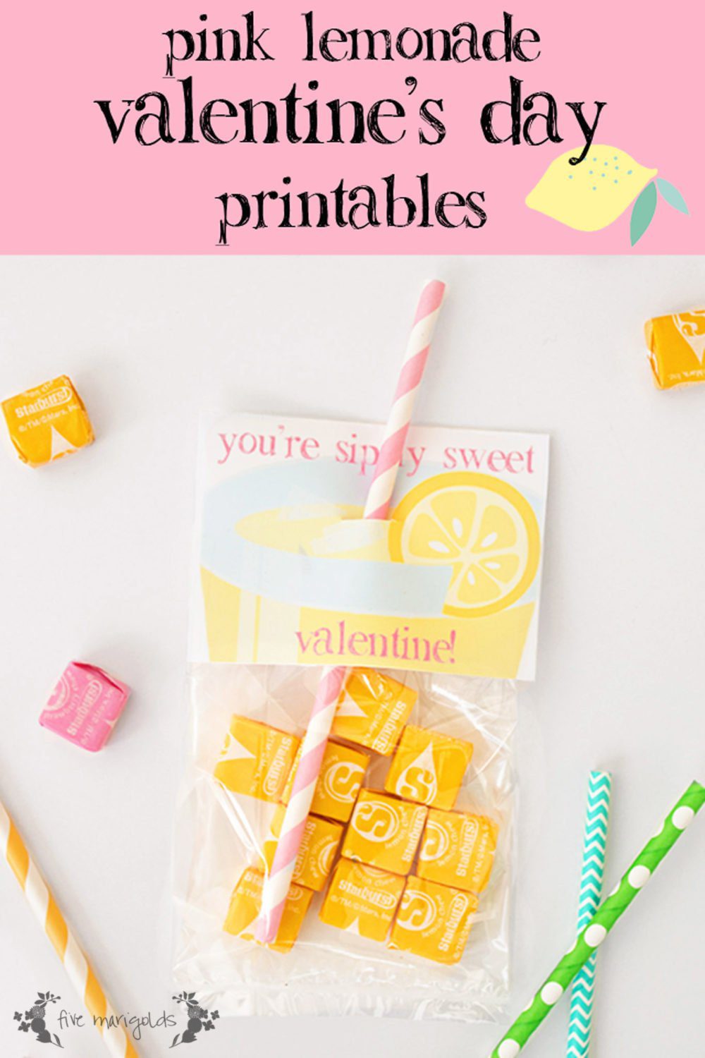 Simply Sweet Pink Lemonade Valentines Printable | www.fivemarigolds.com