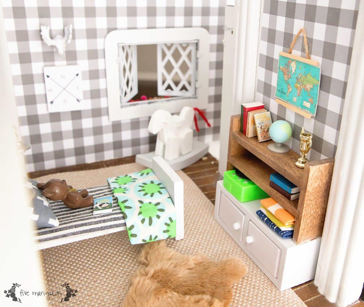 Vintage Dollhouse Makeover Boy Room | www.fivemarigolds.com