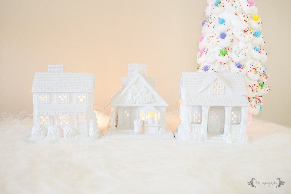 Trash to Treasure: Ceramic House Night Lights for a Girl's Room, thrifted from a Christmas Village. | Five Marigolds