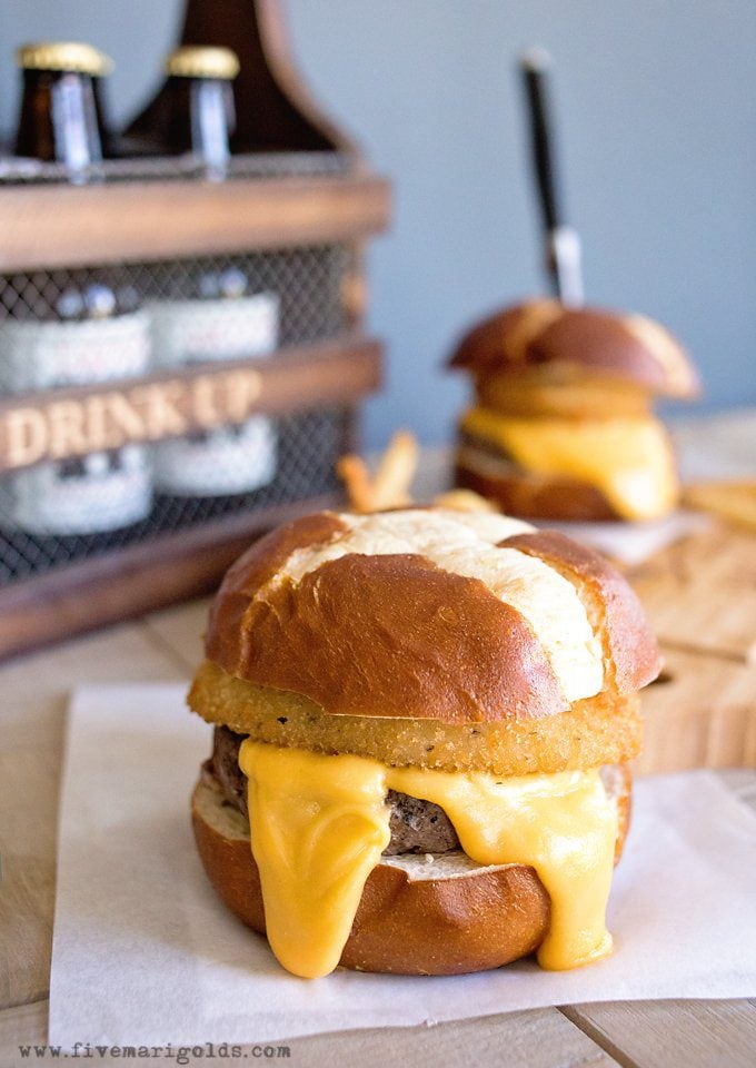 Beer Cheese Burgers with Onion Rings | Five Marigolds