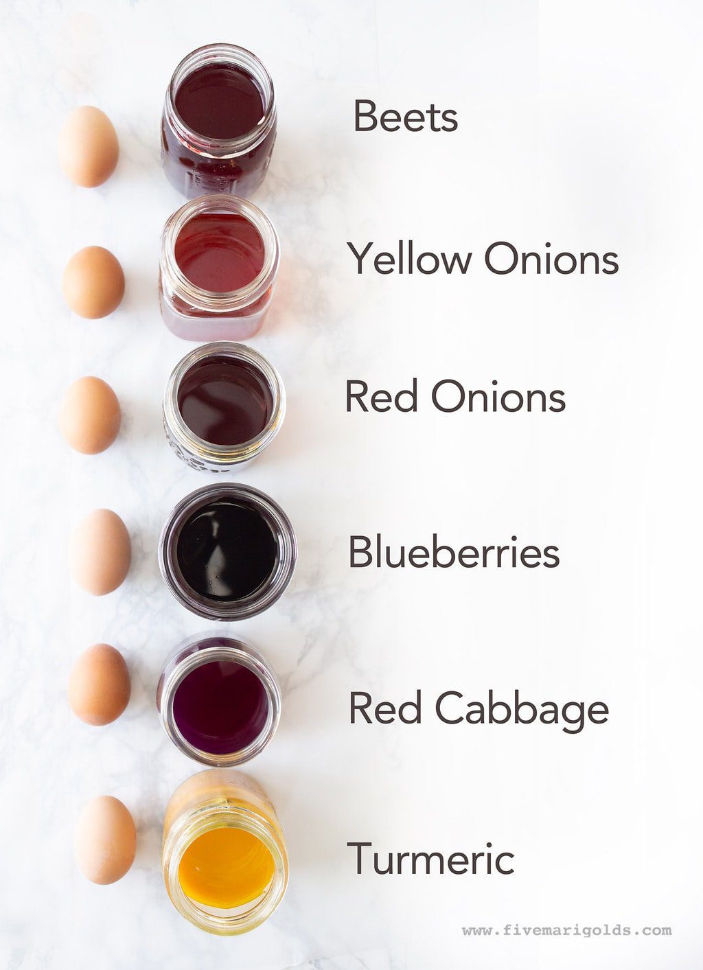Naturally dye brown easter eggs with red cabbage, beets, red onions, yellow onions, turmeric, and blueberries