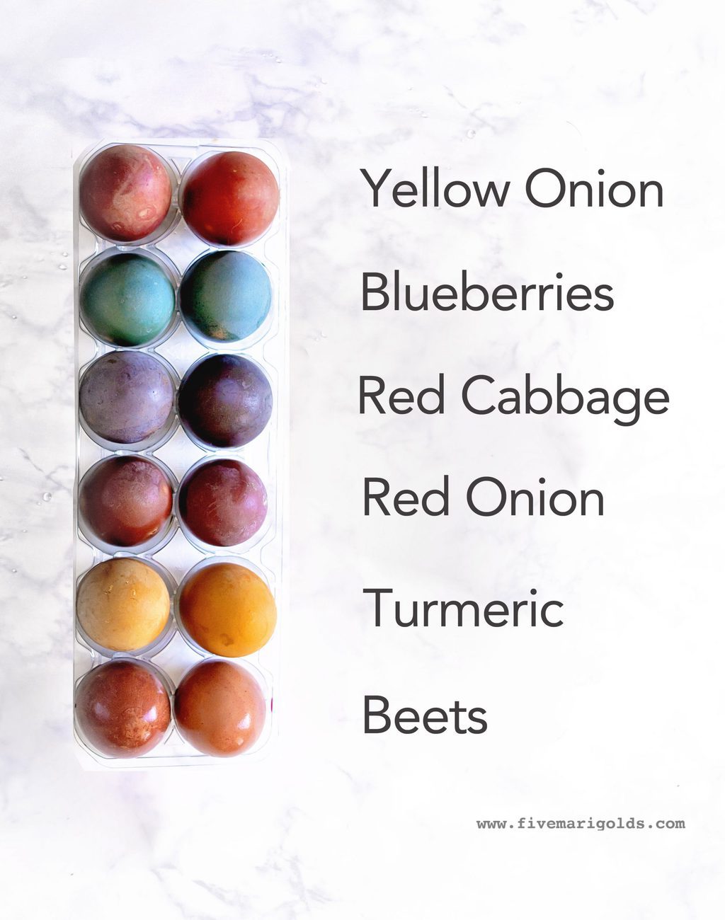 Naturally dye brown easter eggs with red cabbage, beets, red onions, yellow onions, turmeric, and blueberries