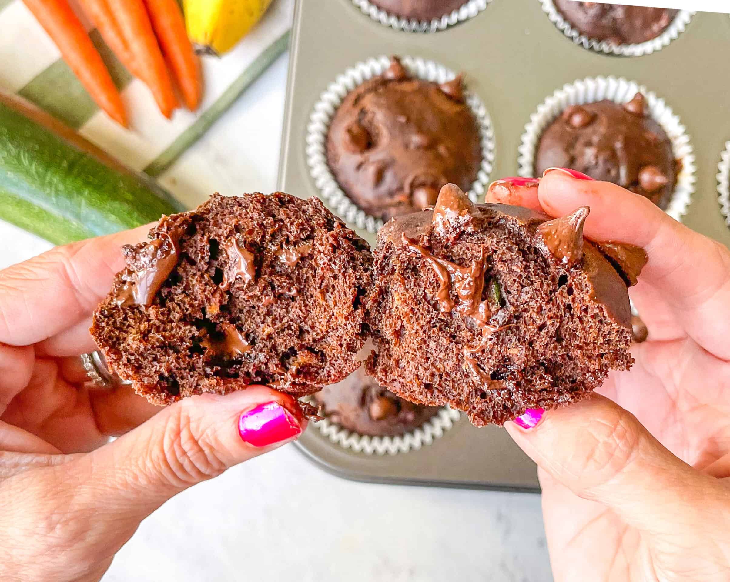 Photo of carrots, zucchini, banana and a chocolate muffin