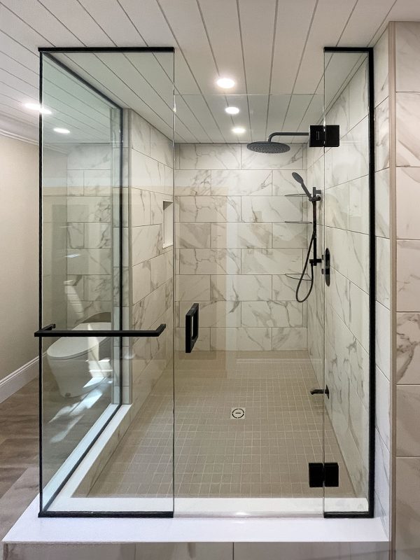 project fort showers l shaped black channels frameless swing floor to ceiling