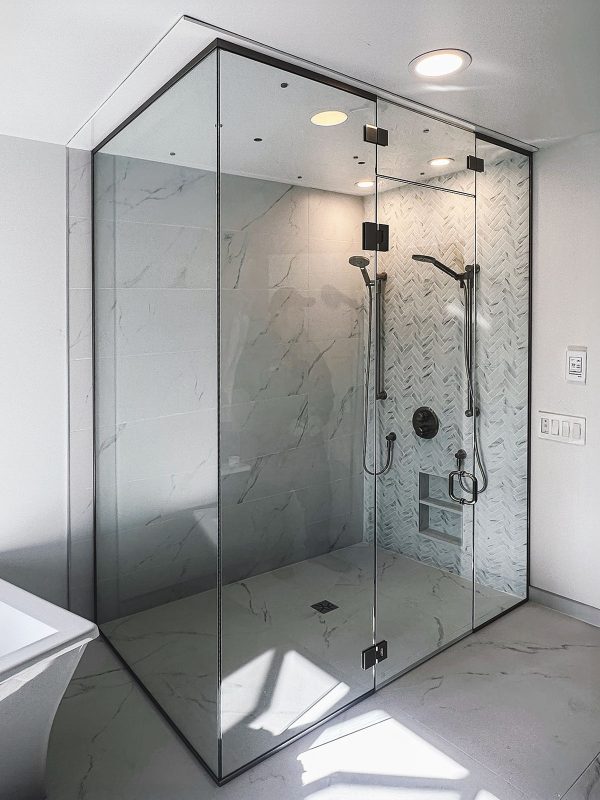 project fort showers large l shaped floor to ceiling brushed nickel channels pivoting steam panel