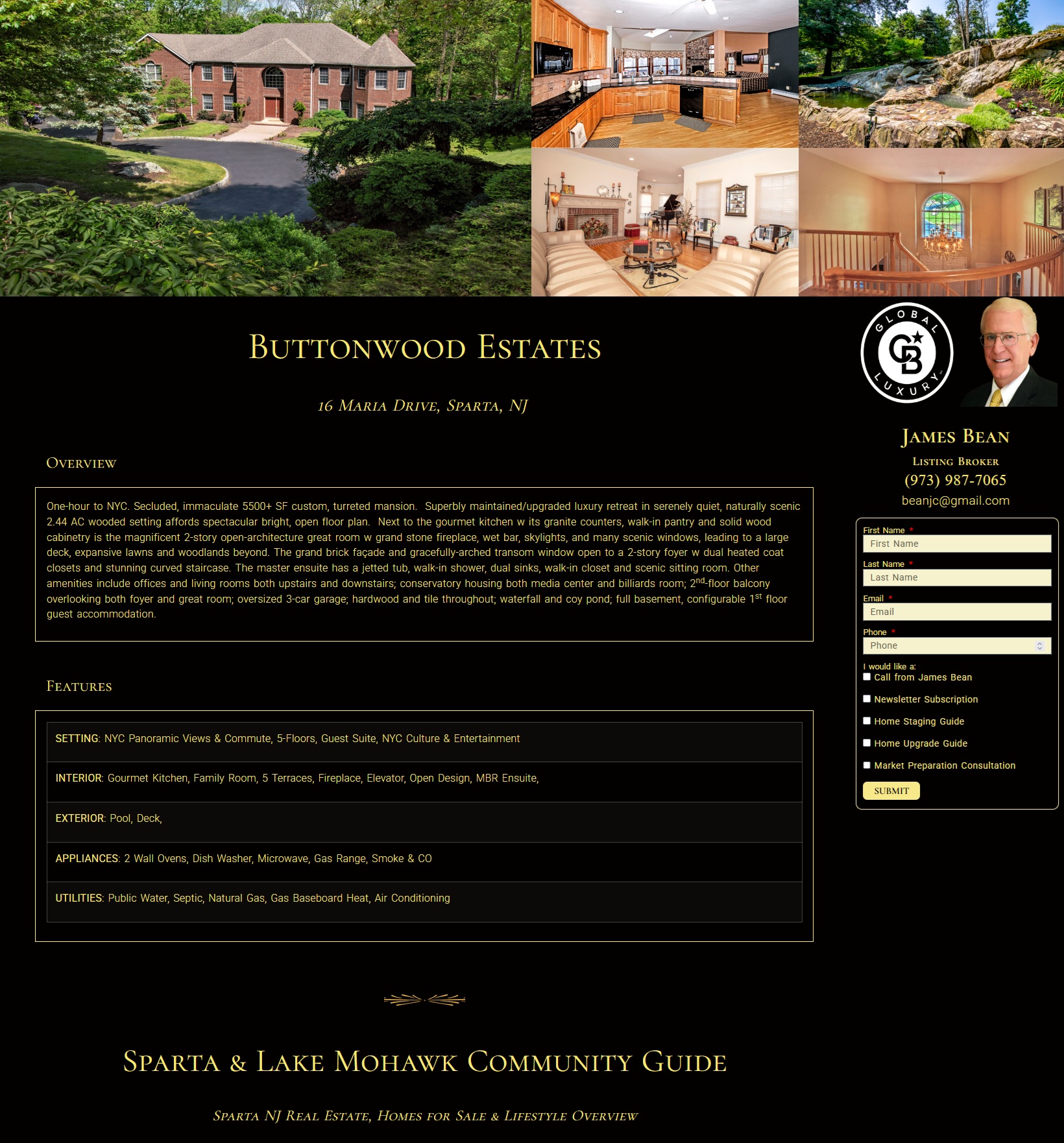 Custom home listing and community information webpage design.