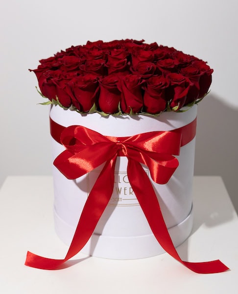 Czerwone róże w białym welurowym GIGA boxie - kwiaty w pudełku | flower box 50 róż