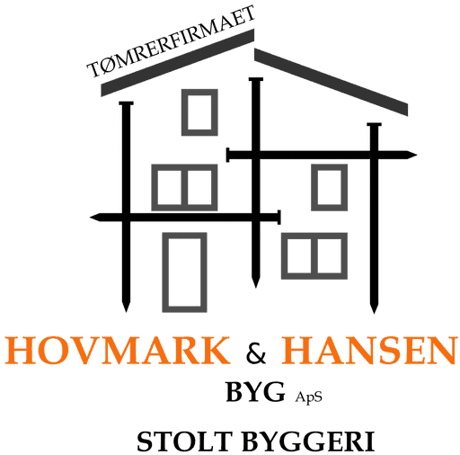 Sort logo med en illustration af to huse - "HOVMARK & HANSEN BYG ApS STOLT BYGGERI"