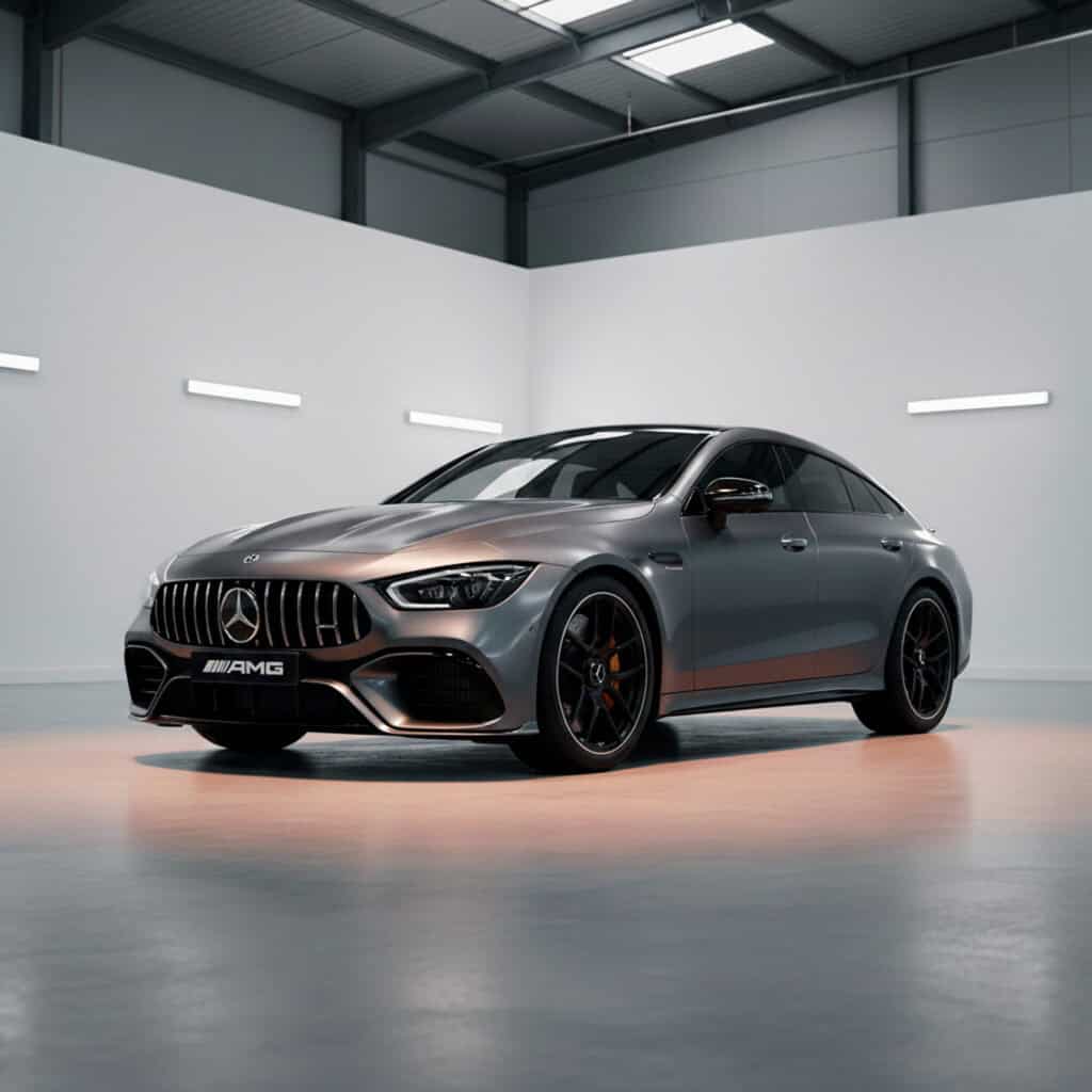 Sølvgrå Mercedes-Benz sedan, muligvis en E-klasse, set fra siden hos din Mercedes Specialist