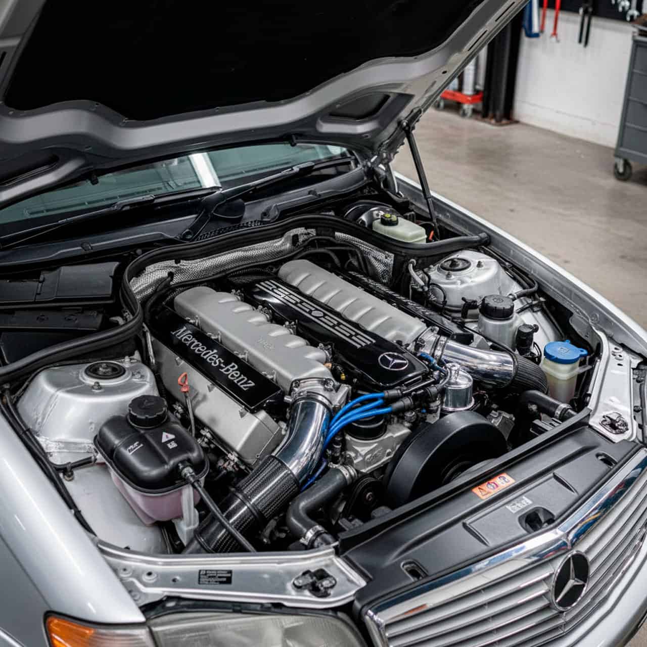 Motorrummet på en Mercedes, som serviceres hos KJ Au2Teknik