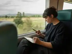 Une jeune femme assise dans un train lit une offre d’emploi sur son téléphone et prend des notes dans un petit carnet.