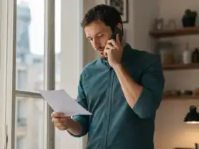 Un homme au téléphone près d’une fenêtre, une liste annotée à la main.
