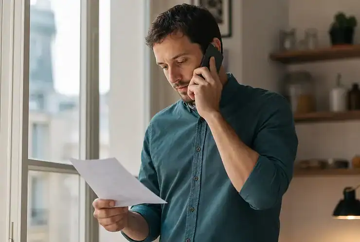 Un homme au téléphone près d’une fenêtre, une liste annotée à la main.
