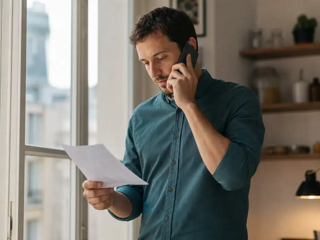 Un homme au téléphone près d’une fenêtre, une liste annotée à la main.
