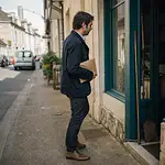 Une personne, un dossier sous le bras, s’apprête à entrer dans un petit atelier d’une rue commerçante.