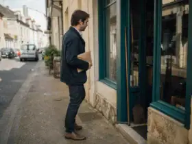 Une personne, un dossier sous le bras, s’apprête à entrer dans un petit atelier d’une rue commerçante.
