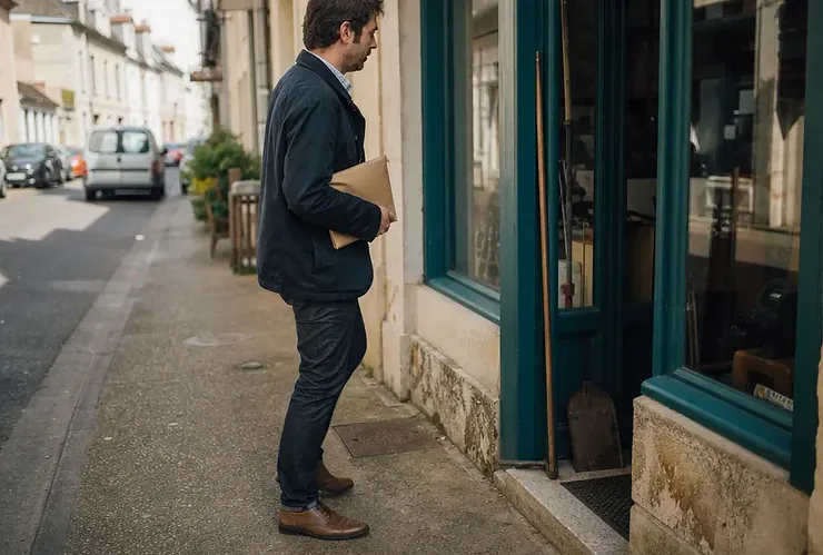 Une personne, un dossier sous le bras, s’apprête à entrer dans un petit atelier d’une rue commerçante.