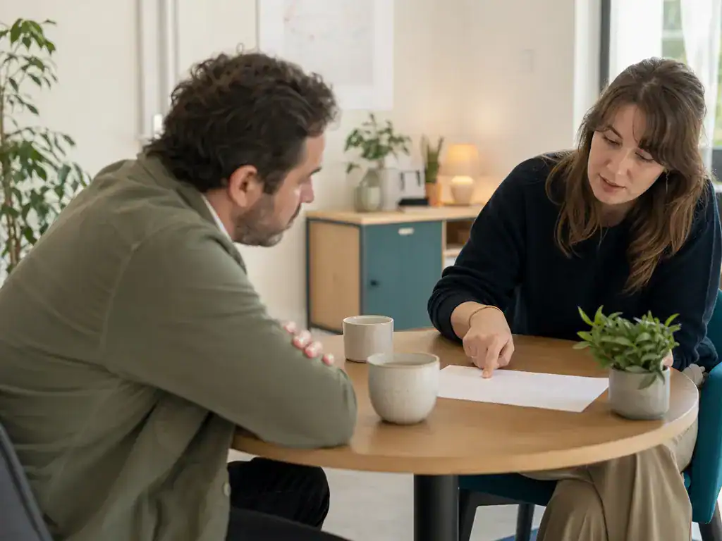 Deux personnes discutent autour d’une petite table ronde, l’une montrant des notes manuscrites sur une feuille.
