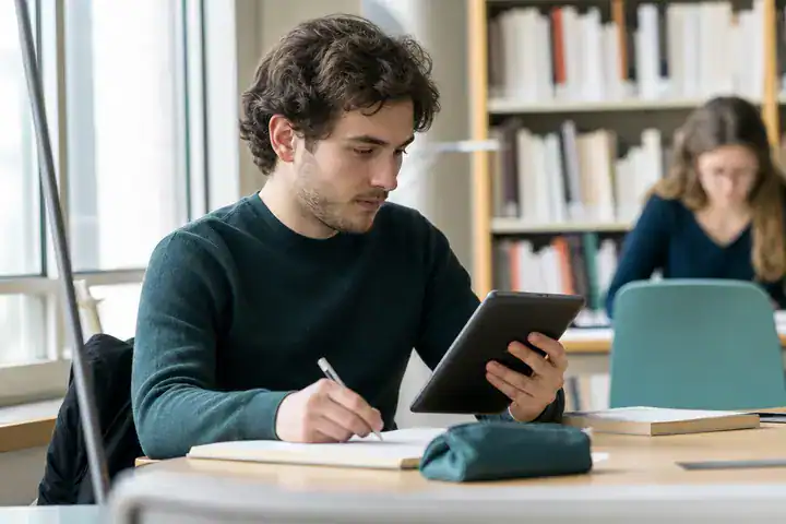 Un homme consulte des offres d’emploi sur une tablette dans une bibliothèque et prend des notes