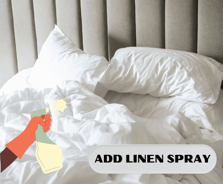 spraying linen spray to comforter