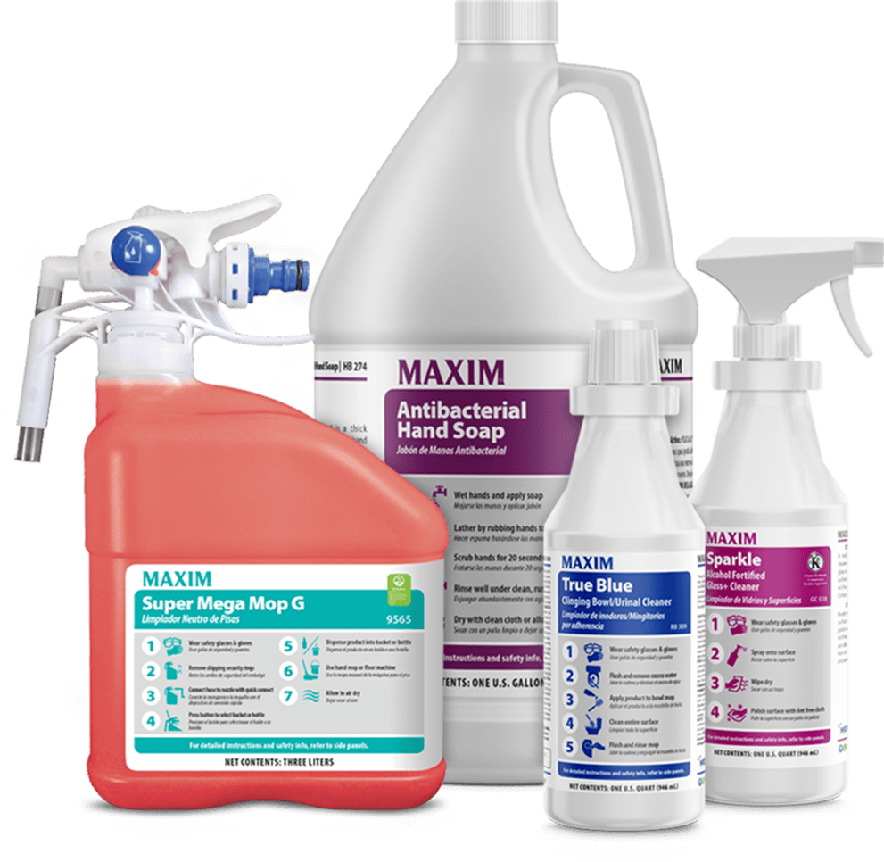 Assorted MAXIM cleaning and disinfectant products bottles