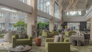 Bright, welcoming modern hotel lobby with sofas and a plant, an example of a space that benefits from air care solutions