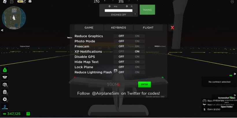 Menu de Airplane Simulator où vous pouvez entrer les codes de rédemption