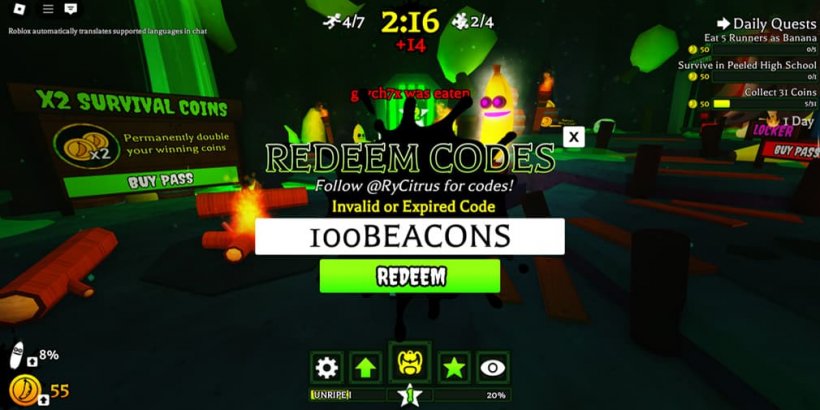 Hall de jeu Banana Eats avec le menu d'échange de code ouvert