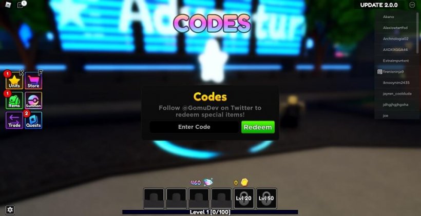 Fenêtre où vous pouvez entrer les codes Anime Adventures