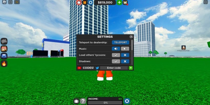 Fenêtre dans Car Dealership Tycoon où vous pouvez entrer des codes