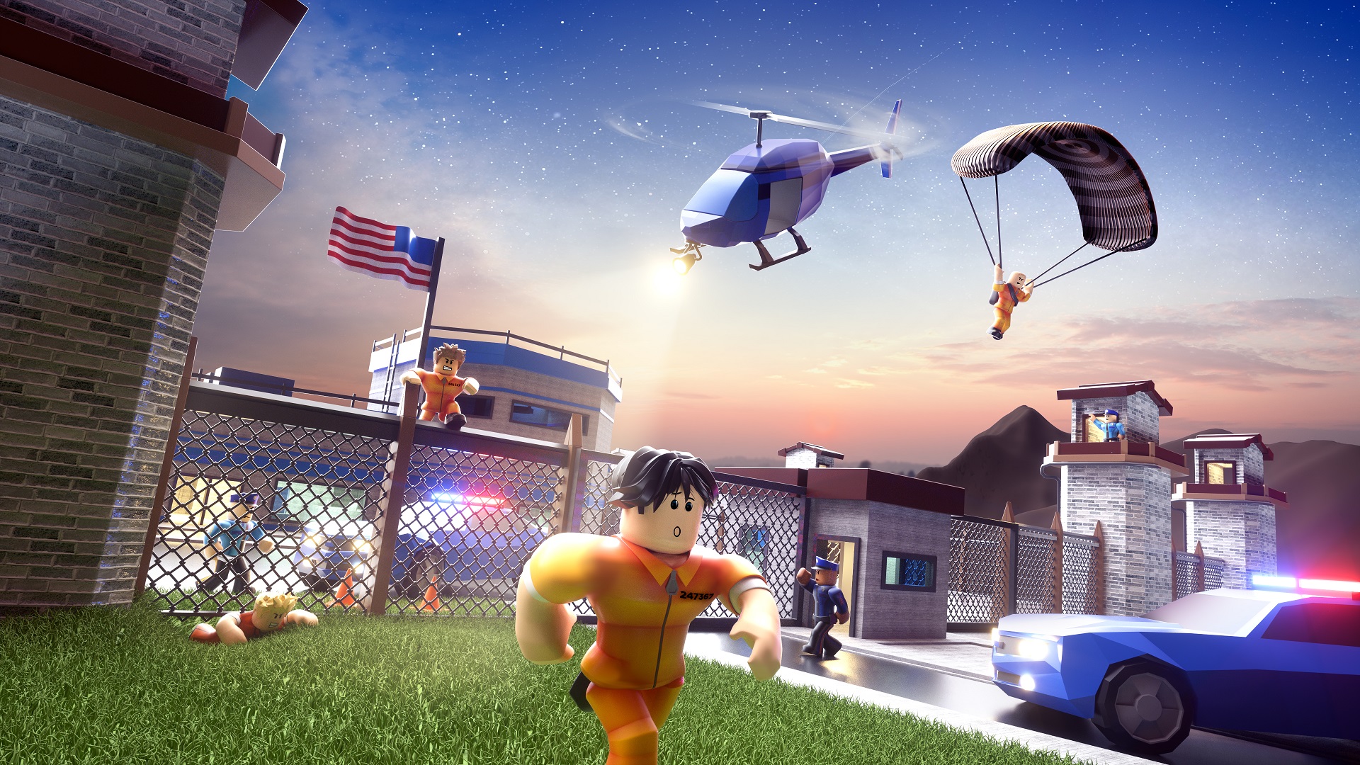 Roblox-games Une image de personnages Roblox s'échappant d'une prison, avec des hélicoptères et des voitures de police à leur poursuite.
